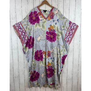 Natori Blue Purple Floral Satin Dolman Kaftan Sleepwear Muumuu Size Medium